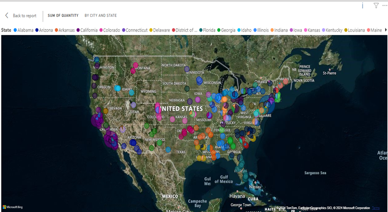 Figure 4: Demographic heatmap representation: Sum quantity of sales of a product in superstore by city & state in the USA. 