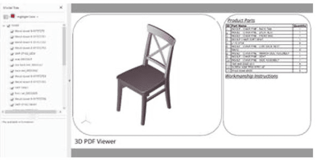 上の図は、組立手順を説明するため、製品構成、BOMと共に作成された3D PDFの例です。